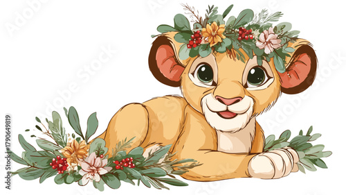 Cheerful Cartoon Lion Cub Wearing Festive Wreath on Head