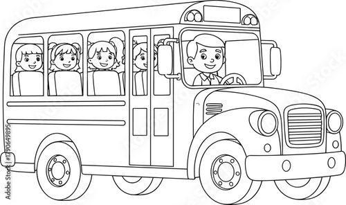 Cartoon school bus with children and driver, black and white vector drawing, educational transport illustration, fun kids artwork, classroom learning icon