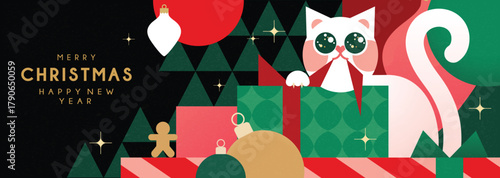 Christmas banner in contemporary flat minimalist style with cute misbehaving cat. Design for Holiday banner, advent calendar or greeting card. Vector illustration 