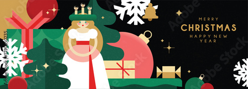 Christmas banner in contemporary flat minimalist style with Scandinavian traditional motifs. Design for Holiday banner, advent calendar or greeting card. Vector illustration 