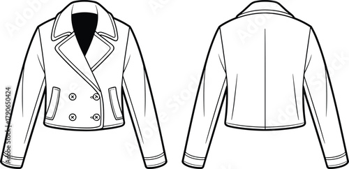 Cropped double-breasted jacket front and back view, notched lapel, tailored fit, cuff detail, fashion sketch, cad drawing flat vector illustration