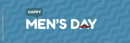 International Men's Day blue wide banner with mustache on blue abstract background. Happy mens day wide poster, banner and sticker. WORLD MALE DAY