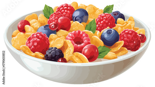 Crisp Cereal Bowl with Fresh Berries Top-Down View Vector Illustration