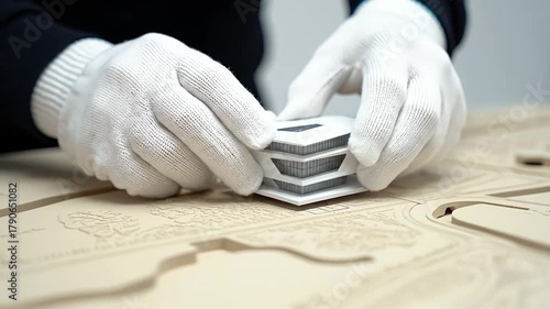 Architect Hands in Gloves Placing Modern Building Model on City Plan Display
