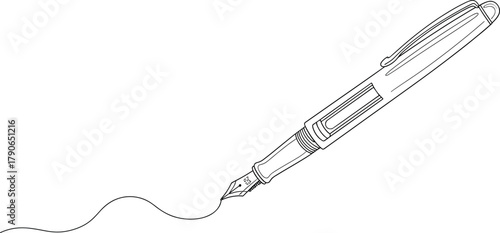 Elegant continuous line art illustration of a classic fountain pen creating a flowing ink line, symbolizing writing and creativity.