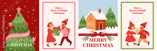 Merry Christmas and Happy New Year. Festive holiday illustrations with Christmas tree, winter scenes, and cheerful characters for greeting card, postage stamp and background