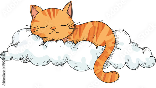 Adorable Sleeping Cat on Fluffy Cloud Cartoon Vector Illustration
