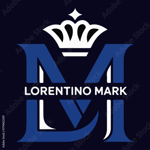 Lorentino Mark LM monogram with crown and star on deep navy square, royal crest logo for premium brand identity, luxury boutique, corporate emblem design