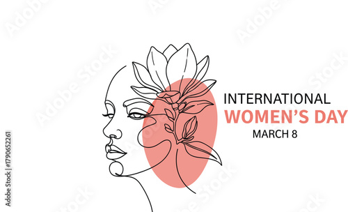 Elegant line art illustration of a woman with floral elements, perfect for International Women's Day on March 8th, celebrating strength and beauty.