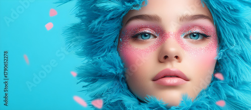 A woman with blue feathers and pink makeup