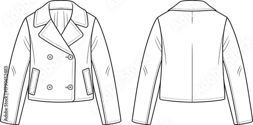 double breasted jacket, front back view, notched lapel, button closure, welt pockets, fashion sketch, cad drawing flat vector illustration