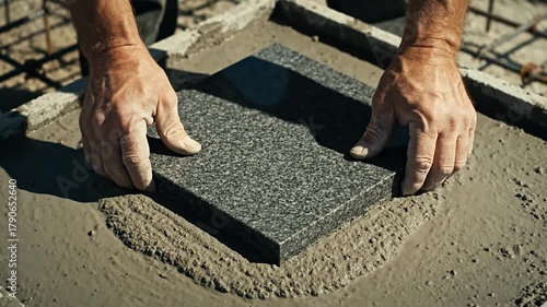Worker Hands Placing Granite Tile into Wet Mortar on Construction Site