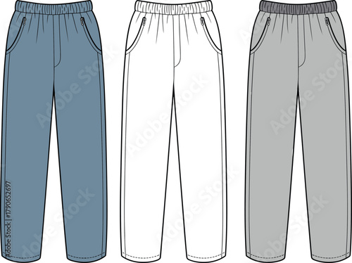Elastic waist pants front view, zipper pocket fashion sketch, relaxed fit garment template, vector casual clothing design illustration