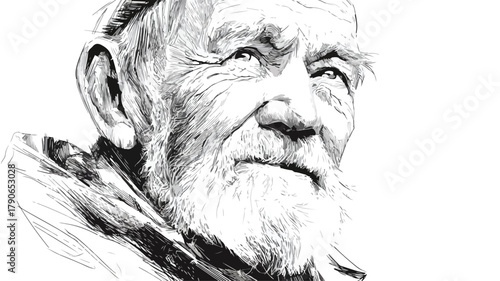 Elderly Man Portrait Art on White Background - Vector Illustration