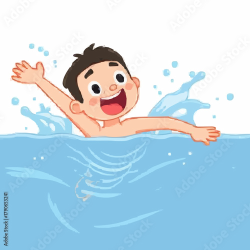 Flat vector cartoon character swimming freestyle in the pool, splashing water, dynamic pose, white background