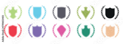 Laurel Wreath, Shield, Wing  Ribbon Vector Set. Collection of ten oval laurel wreath frames. Elegant award emblem set features gold laurel wreath badges.
