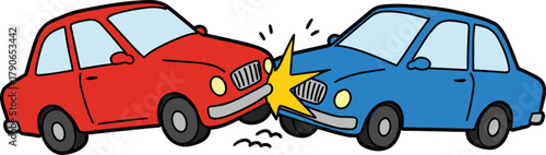 Cartoon car crash accident, red car colliding with blue car, traffic collision illustration with impact explosion, cad drawing flat vector illustration