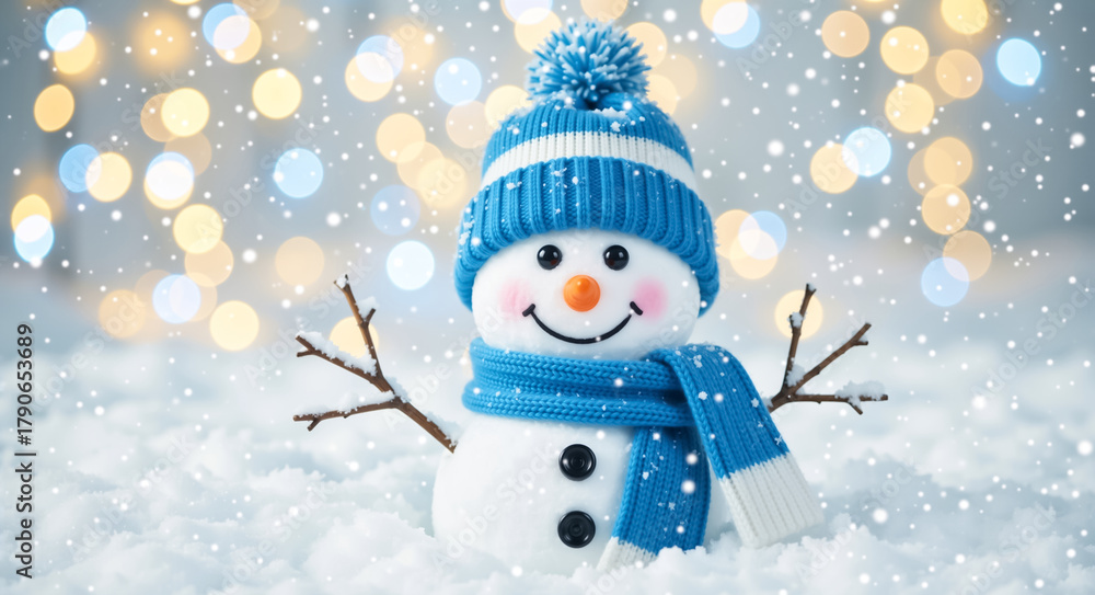 Fototapeta premium A cute smiling snowman in a blue knit hat and scarf stands in the snow. Festive winter scene with falling snowflakes and bokeh lights for a Christmas holiday background