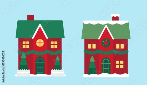 Red and green Christmas house clipart set.
Christmas house is decorated garland and Christmas trees.
Christmas house with lights on.
winter Christmas house flat vector illustration.