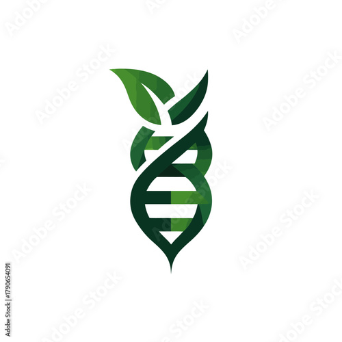 Abstract dna helix with green leaves representing biotechnology and nature