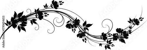 Elegant black silhouette of swirling vines with delicate flowers and leaves on a white background