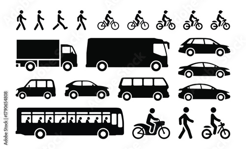 Vehicle pedestrian silhouettes icons graphics