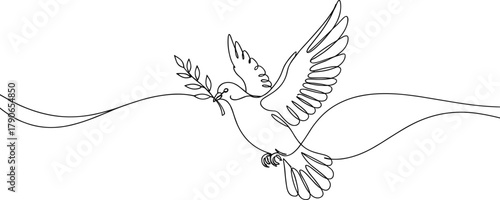 Continuous line art drawing of a flying dove gracefully holding an olive branch, embodying peace, hope, and freedom.