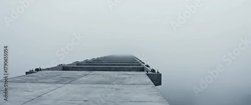 Unfinished concrete bridge pier extending into dense white fog and mist