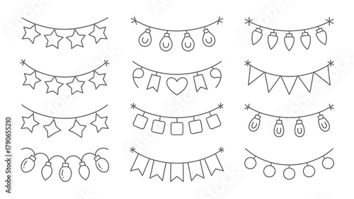 A diverse collection of festive line art string decorations featuring star garlands, assorted light bulbs, and various shaped banners perfect for celebration designs.