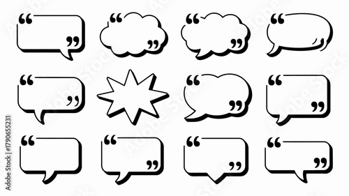 A versatile set of modern speech and thought bubbles with distinct black outlines and quotation marks, ideal for text, dialogue, quotes, and communication design projects.