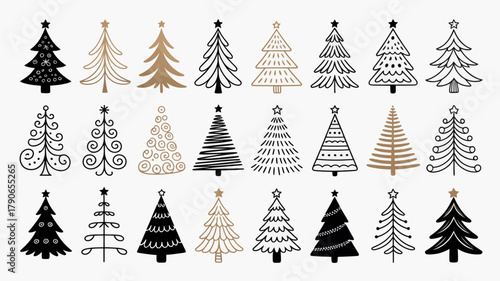 Collection of diverse hand-drawn christmas tree illustrations with various patterns and styles, festive holiday season graphic elements in black and gold tones for design.