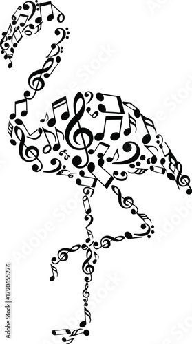 Elegant flamingo silhouette formed entirely from black musical notes and symbols on a white background
