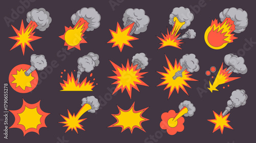 Collection of cartoon explosion and smoke effects with vibrant starbursts, fiery bursts, and billowing gray clouds, isolated vector illustrations for comic design elements.