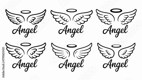 Stylized angel wings with halo and 'angel' script text icon set for religious, spiritual, memorial, or decorative design elements, vector illustration artwork.