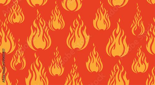 A close up of a repeating pattern of orange and yellow flames on a red background with flames of varying sizes.
