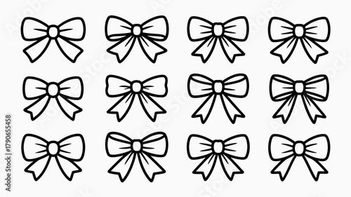 Outline illustration of twelve simple decorative bows, perfect for gifts, celebrations, holidays, fashion, and festive design elements in a minimal graphic style.