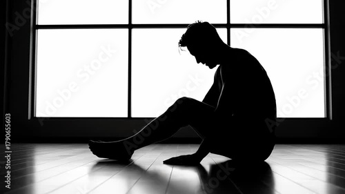 Silhouette of depressed sad man sitting alone on floor against bright window