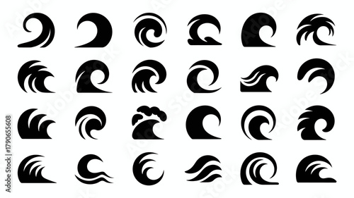 Stylized wave icons collection in black silhouette, representing various ocean and sea water movements and forms, ideal for aquatic and maritime graphic design.