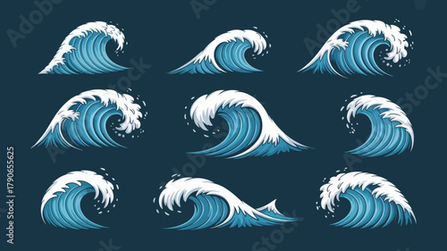 Illustrative collection of powerful ocean waves in various dynamic forms, featuring rolling swells, crashing white foam, and splashing water elements, ideal for marine and nautical design projects.