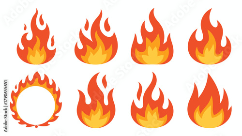 A collection of stylized fire and flame icons set, various vector shapes, including a fiery ring, perfect for depicting heat, energy, warning, and passion.
