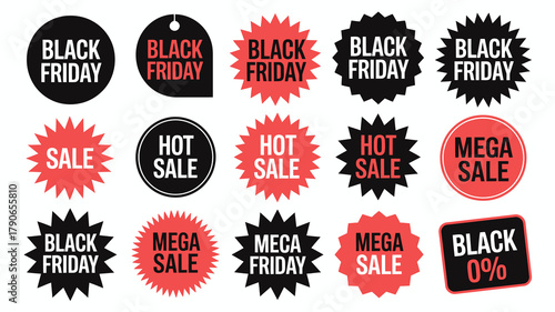 Collection of black friday, hot sale, mega sale, and general discount labels and badges in various shapes and colors for marketing promotions and retail advertisements.