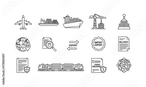 Global logistics and transport icon set with cargo airplane, container ship, port crane, GPS tracking, and freight delivery symbols