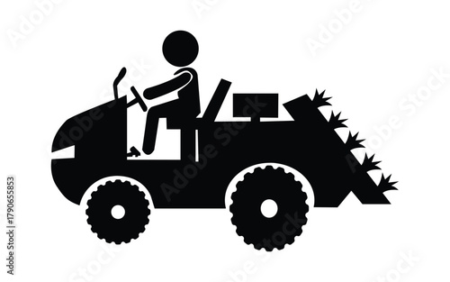 Silhouette of agricultural tractor with farmer, driver and equipment for field work and cultivation. Agriculture vehicle and farming industry concept.