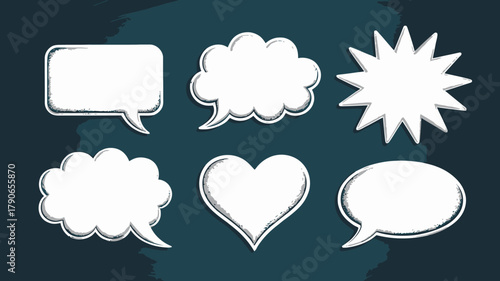 Set of hand-drawn white speech and thought bubbles, including a heart and starburst, with stippled outlines and shadows, great for dialogue, comics, and messages.