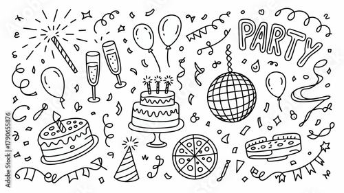 Hand-drawn doodle set of celebratory party elements: birthday cakes, balloons, confetti, disco ball, champagne glasses, sparklers, and party hats. festive event design