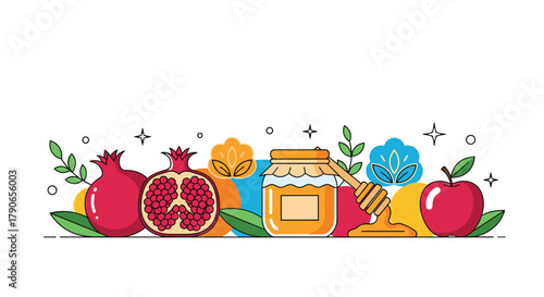 Apples and pomegranates with a jar of honey and dipper represent the Rosh Hashanah holiday celebrations.