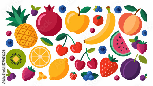 Assortment of vibrant, colorful, and fresh flat vector fruit illustrations, featuring tropical and common varieties, perfect for healthy eating designs and summer concepts.