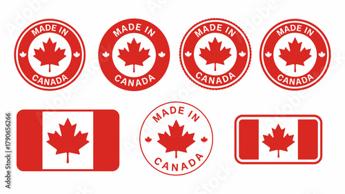 Made in canada" certification labels and national flag icons set, representing product origin, patriotism, and quality standards for various goods and services.