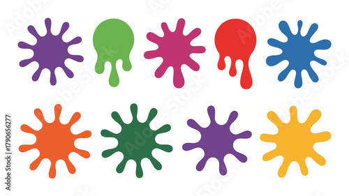 Colorful paint splatters and vibrant liquid drips in various abstract shapes on an isolated white background, ideal for creative design, art, and graphic projects.