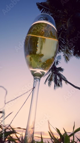 Vertical video. Low Angle View of Champagne Glass on Grass with Palm Trees and Colorful Sunset Sky in Background, Romantic Tropical Atmosphere Concept